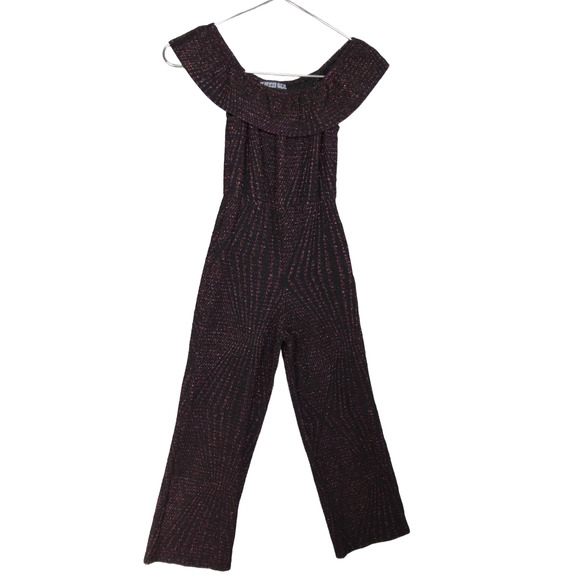 🍒 Trixxi Girl Jumpsuit Size 7 Black Colorful Glittery Threading Off Shoulders - Picture 1 of 7